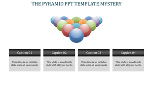 A pyramid shaped arrangement of colorful spheres with four gray caption boxes aligned below, showing placeholders.