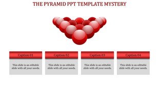 Red themed slide with a pyramid shape made of spheres above four caption boxes with content.