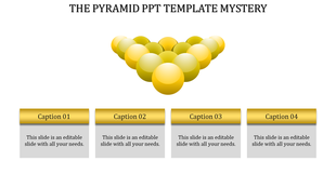PowerPoint slide with a pyramid of yellow spheres, accompanied by four caption fields for custom text.
