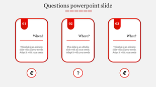 Slide with three question cards labeled when, where, and what, each with a placeholder text.