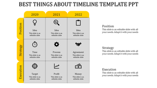 Grid style timeline design with yellow colored year labels and icons, each with placeholders for text.