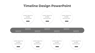 Grey timeline design PowerPoint template with placeholders for years and text under each point.