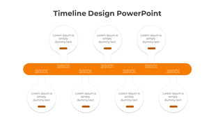 Orange timeline design PowerPoint template with placeholders for years and text under each point on a white backdrop.
