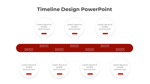 Red themed timeline with seven circular bubble markers for each year, filled with text placeholders.
