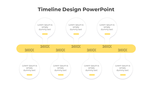 Yellow timeline design PowerPoint template with placeholders for years and text under each point on a white backdrop.