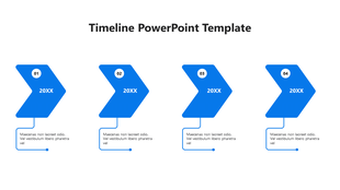 Timeline infographic featuring four blue chevron arrows, each labeled 20XX and connected to captions.