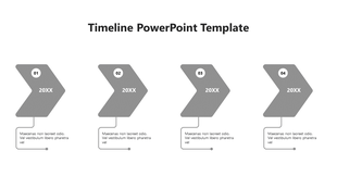 A minimalistic timeline PPT slide with four stages, labeled from 01 to 04 with grey arrows and placeholder text below.