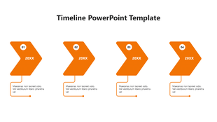 Horizontal timeline with four orange chevron shaped arrows labeled 20XX, each connected to descriptive text below.