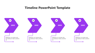 A minimalistic timeline PPT slide with four stages, labeled from 01 to 04 with purple arrows and placeholder text below.