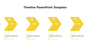 Timeline slide with four sequential yellow arrows, numbered from 01 to 04, each linked to text below.