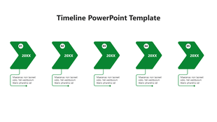 Timeline infographic with five sequential green arrows, numbered from 01 to 05, each connected to descriptive text.