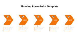 A timeline PowerPoint template with five orange arrow stages and placeholder text.