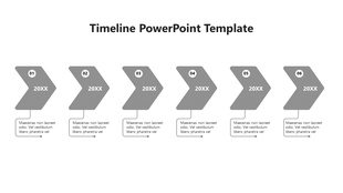 Timeline infographic with six sequential gray arrows, numbered from 01 to 06, each connected to descriptive text.