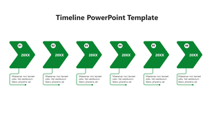 A green themed timeline PowerPoint template with six arrows, each with numbered stages and text placeholders.