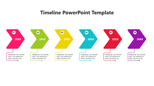 A vibrant, multi colored timeline PowerPoint template with six steps, each with its descriptions and icon.