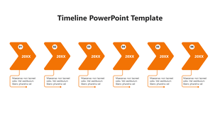 Timeline with six blue chevron arrows labeled 01 to 06 and placeholders for years 20XX on a white background.