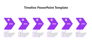 Horizontal timeline with six purple chevron shaped steps labeled 20XX, each linked to a text box below.