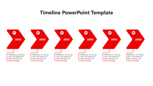 A red themed timeline PowerPoint template with six arrows and numbered stages for each step.