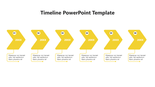 Six step timeline diagram using orange chevron arrows labeled 01 to 06 with year placeholders and description boxes.