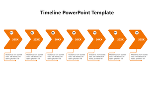 A PPT template showcasing a timeline with numbered orange color arrows from 1 to 7 and placeholder text below each section.