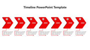 Horizontal timeline with seven red chevron shaped arrow steps labeled 20XX, each linked to a text box below.