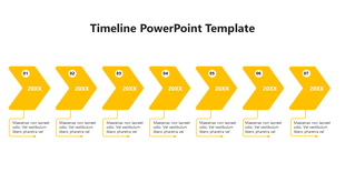 A timeline PowerPoint template with seven yellow arrows, each representing a different year and space for descriptions.