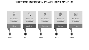 Timeline with arrow shaped boxes for years 2013 to 2020 in blue and gray shades placed in white backdrop.