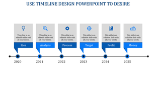 Blue themed timeline flow with six steps, each featuring a different icon, marking stages of a project from 2020 to 2025.