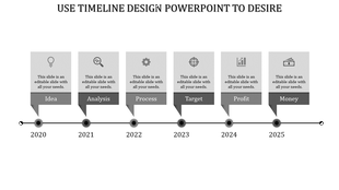 Timeline PPT slide for 2020 to 2025 with grey sections for Idea, Analysis, Process, Target, Profit, and Money with icons.