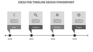 Sequential timeline with  four gray highlighted steps, each marked with a year and icon for various business stages.