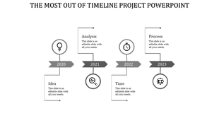 Gray timeline featuring four arrows, each with an icon, displaying business stages in 2020 to 2023 with labeled years.