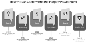 Purple timeline with arrows and circular icons for stages Idea, Analysis, Time, Process, Target, and Profit.