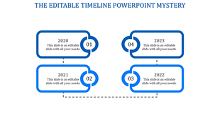 Blue timeline infographic featuring four rectangular labels with rounded edges, and a sequential flow from 2020 to 2023.
