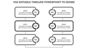 A clean timeline PPT slide featuring six years 2020 to 2025, each marked by a rectangular box and connected by dotted lines.