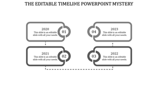 A simple timeline PPT slide displaying milestones from 2020 to 2023, with gray numbered boxes and dashed connecting lines.