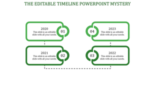 Four rectangular boxes timeline with circular connectors, color-coded as blue, red, teal, and orange for 2020 to 2023.