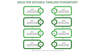 Green bordered timeline slide displaying years 2020 to 2027 in a structured format with placeholder text.