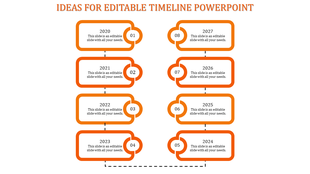 A timeline PPT slide with milestones from 2020 to 2027, represented by orange colored boxes with numbers and dotted lines.