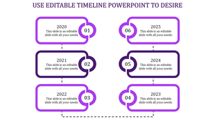 A timeline PPT slide featuring six years 2020 to 2025, each marked by a purple rectangular box and connected by dotted lines.