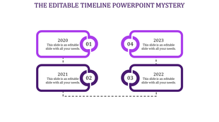 A simple timeline PPT slide displaying milestones from 2020 to 2023, with purple numbered boxes and dashed connecting lines.