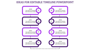 Vertical timeline featuring blue rectangular boxes labeled 2020 to 2027 with matching numbered circles.
