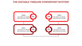 Timeline showing sequential years 2020 to 2023 in green-bordered boxes connected by dotted lines.