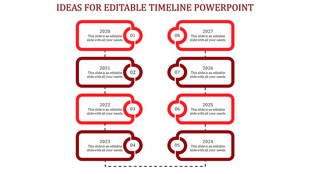 Red themed timeline with eight rounded rectangular boxes, featuring numbered circles and a dashed connecting line.