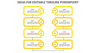 A timeline PPT slide with milestones from 2020 to 2027, represented by yellow colored boxes with numbers and dotted lines.