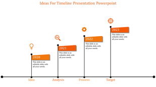 A timeline template featuring five steps with corresponding years from 2020 to 2023 and orange colored icons for each stage.