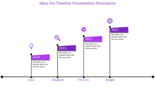 Vertical timeline with gray flags marking milestones from 2020 to 2023, linked to icons and captions areas.