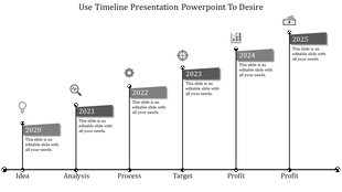 Timeline slide with six gray flag markers, featuring milestone years from 2020 to 2025 and connected vertical lines.