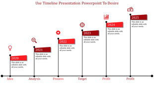 Structured timeline with six ascending red labels, featuring black lines, milestone years, and corresponding icons.