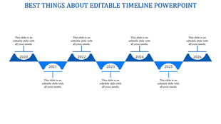 Zigzag shaped timeline template in blue with labeled years from 2020 to 2026 and placeholder text.