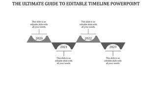 Timeline PowerPoint slide with grey triangular markers from 2020 to 2023, each year labeled and connected by lines.